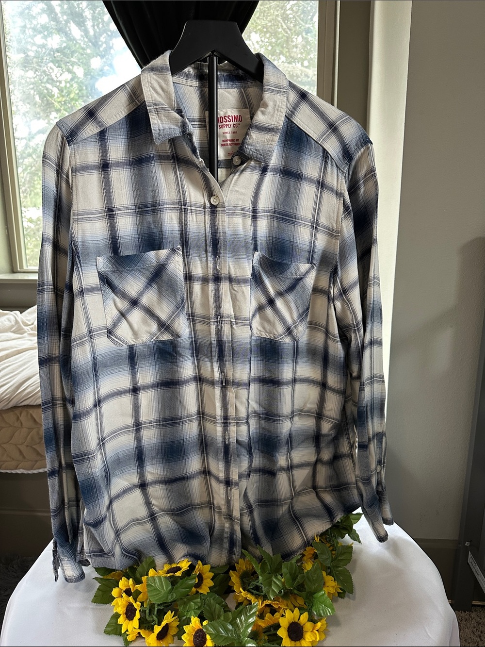 Mossimo Supply Co. Blue and Beige Plaid Button-Front Blouse